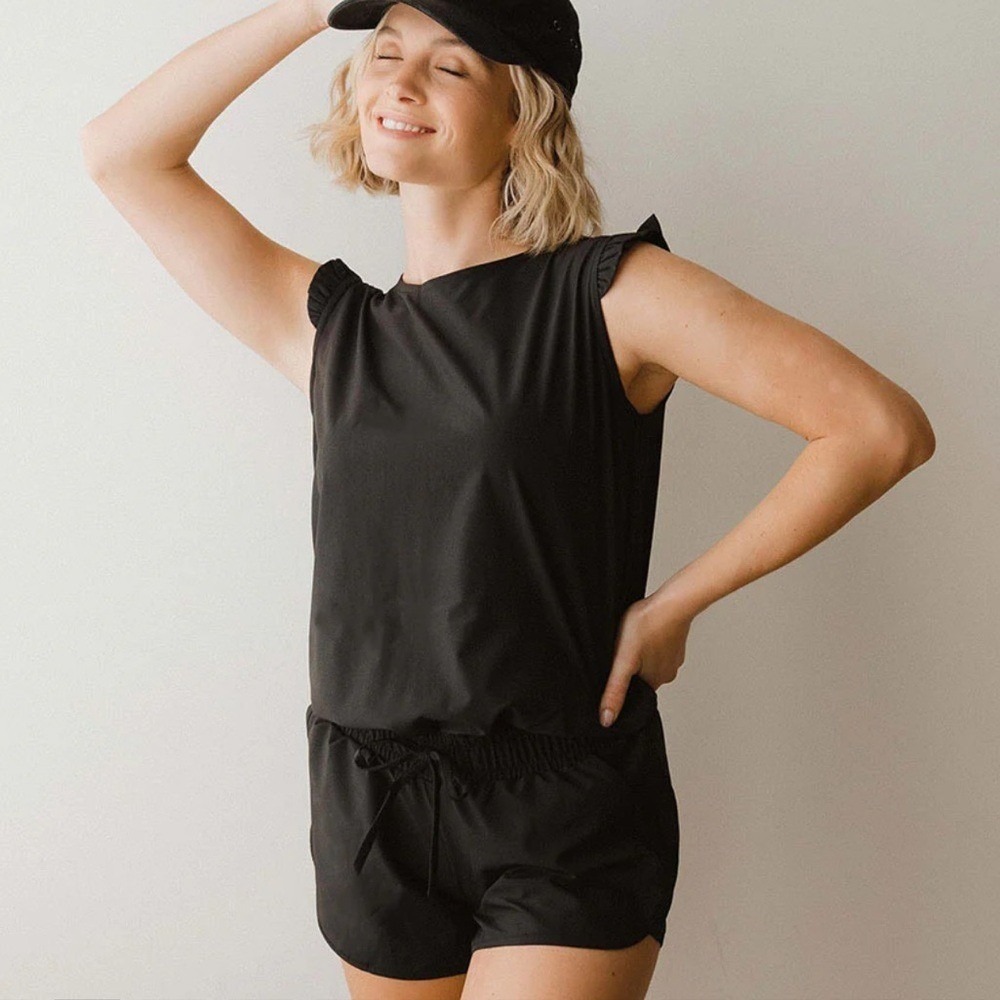 Albion Fit Romper Destination M Black Sporty Ruffle Sleeve Activewear Jumpsuit - Picture 4 of 13